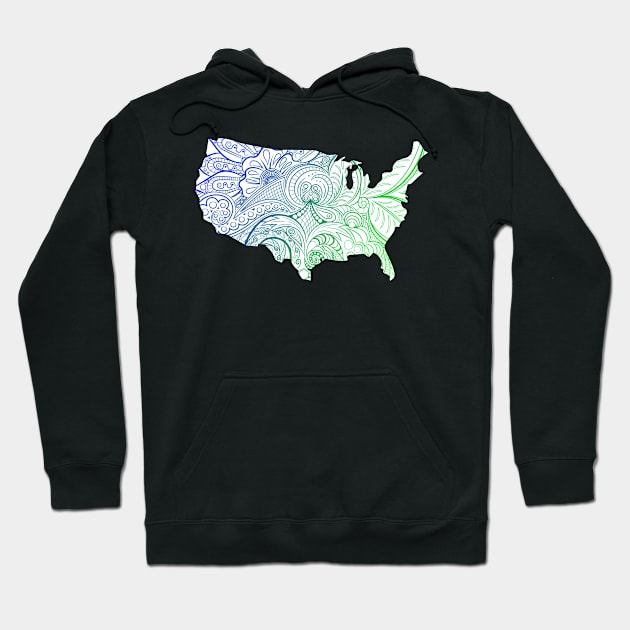 Colorful mandala art map of the United States of America in blue and green on white background Hoodie by Happy Citizen